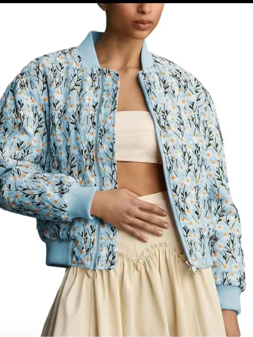 Light Blue Floral Bomber Jacket - Women's Jacket & Coat